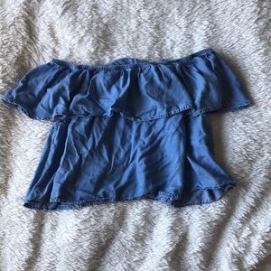 blue denim look off the shoulder top